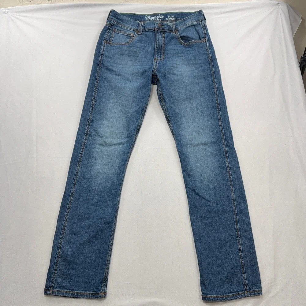 Wrangler Jeans Retro Slim Straight Stretch Blue Denim Mens 32X34